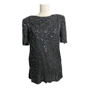 Vintage 80s 90s XS Landmark Beaded Silk Shirt Top Blouse Party Cocktail Formal